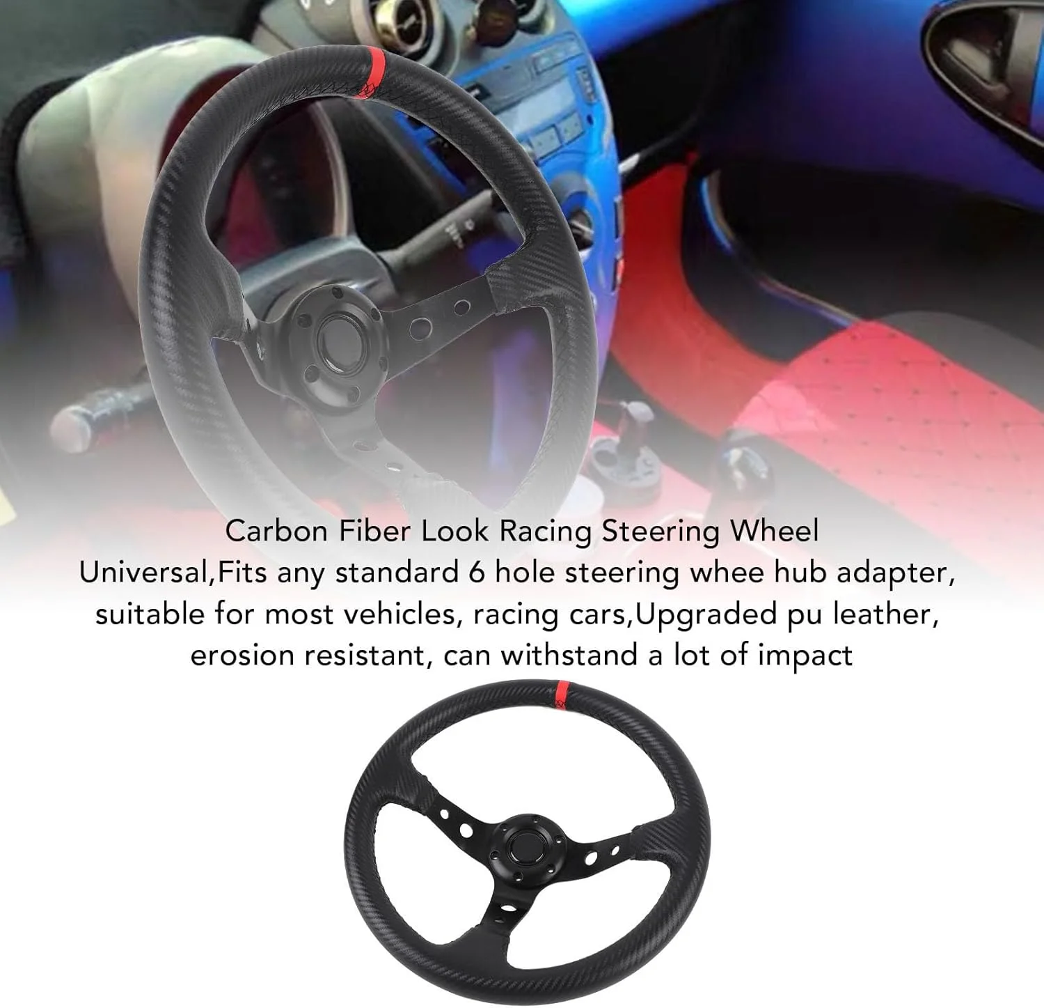 فرمان مسابقه ای، فرمان خودرو جهانی 14 اینچی، فرمان 6 پیچ با دستگیره راحت، فرمان بازی به سبک فیبر کربنی با دکمه بوق برای مسابقه (قرمز) فرمان مسابقه ای، فرمان خودرو جهانی 14 اینچی، فرمان 6 پیچ با دستگیره راحت، فرمان بازی به سبک فیبر کربنی با دکمه بوق برای مسابقه (قرمز)