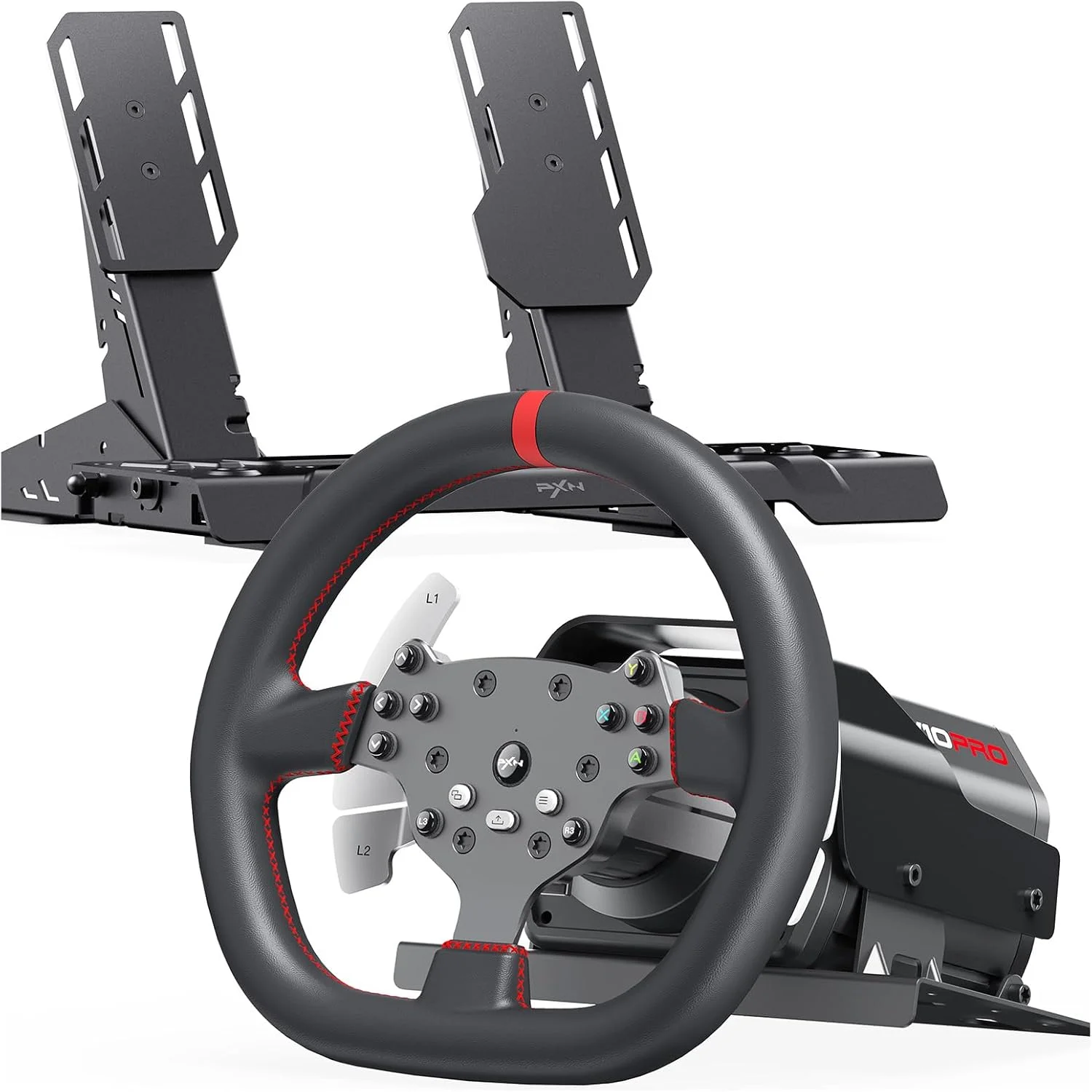 فرمان مسابقه و پدال‌های PXN V10 Ultra Direct Drive – فرمان بازی با فیدبک نیروی 3.2 نیوتن‌متر با روکش چرم میکروفایبر و شیفترهای پدالی – ست مسابقه شبیه‌ساز برای PC، PS4، Xbox One، Xbox Series X/S