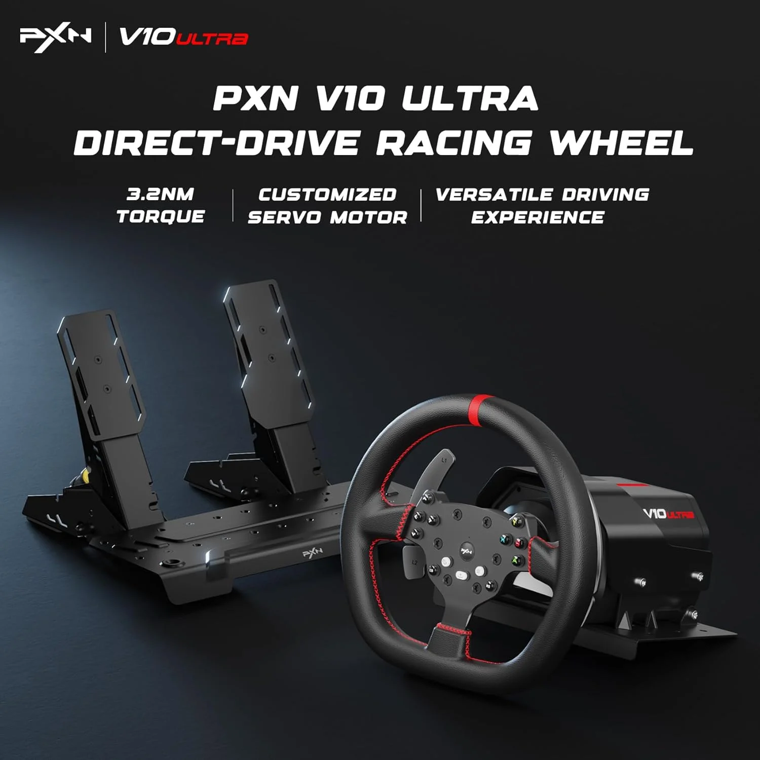 فرمان مسابقه و پدالهای PXN V10 Ultra Direct Drive – فرمان بازی با فیدبک نیروی 3.2 نیوتنمتر با روکش چرم میکروفایبر و شیفترهای پدالی – ست مسابقه شبیهساز برای PC، PS4، Xbox One، Xbox Series X/S فرمان مسابقه و پدالهای PXN V10 Ultra Direct Drive – فرمان بازی با فیدبک نیروی 3.2 نیوتنمتر با روکش چرم میکروفایبر و شیفترهای پدالی – ست مسابقه شبیهساز برای PC، PS4، Xbox One، Xbox Series X/S