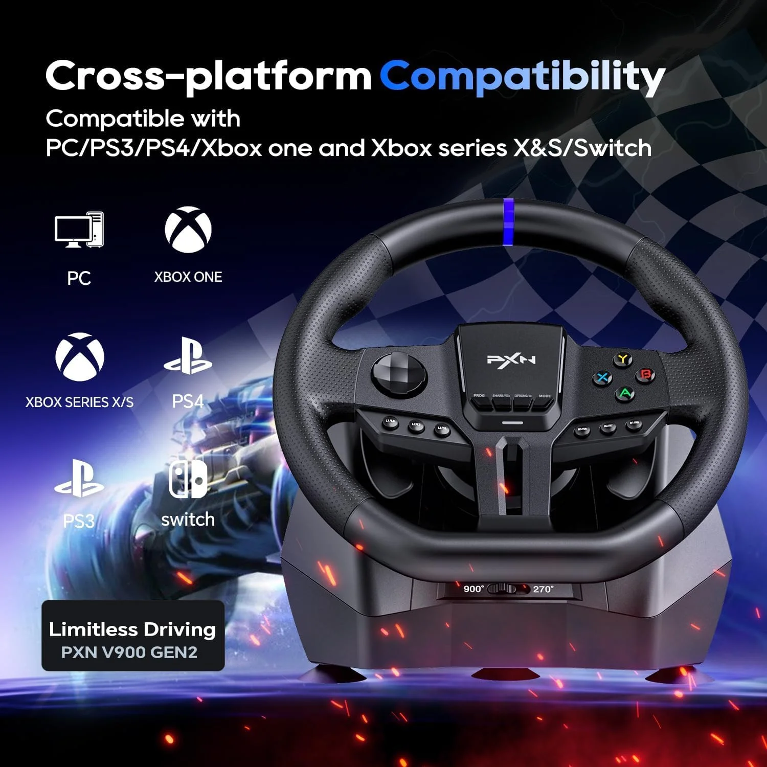فرمان بازی پیایکسان - فرمان مسابقه سیمکارت ۲۷۰/۹۰۰ درجه V900GEN2 با پدال و شیفتر پدال - برای ایکسباکس وان، سری اس|ایکس، کامپیوتر، پلیاستیشن ۴، سوییچ فرمان بازی پیایکسان - فرمان مسابقه سیمکارت ۲۷۰/۹۰۰ درجه V900GEN2 با پدال و شیفتر پدال - برای ایکسباکس وان، سری اس|ایکس، کامپیوتر، پلیاستیشن ۴، سوییچ