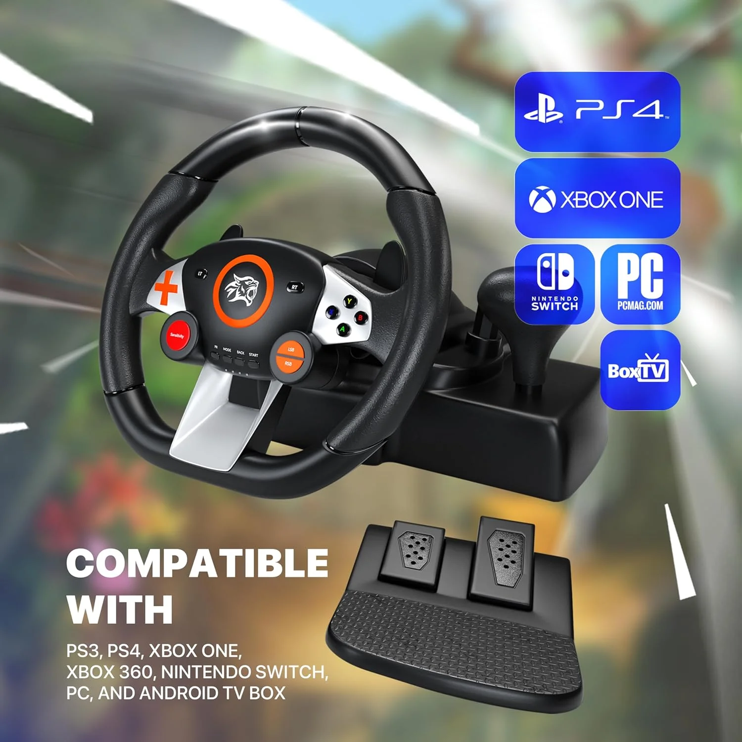 فرمان مسابقه بازی Porodo، فرمان 270 درجه با پدال و اهرم دنده، فرمان رانندگی مسابقه ای 10 اینچی سازگار با PC/PS3/PS4/N-Switch/XBOX One/Android TV Box