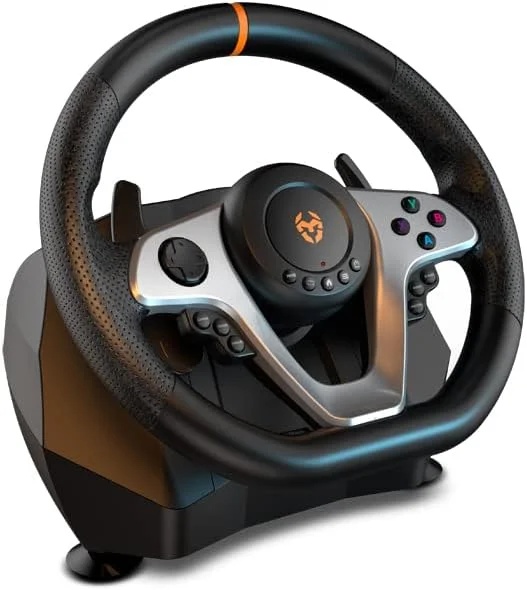 فرمان بازی حرفه ای KROM K-WHEEL PRO به همراه پدال، دنده، دنده های داخلی، 3 حالت حساسیت قابل تنظیم، سازگار با PC، PS3، PS4، Xbox One و Switch - مشکی