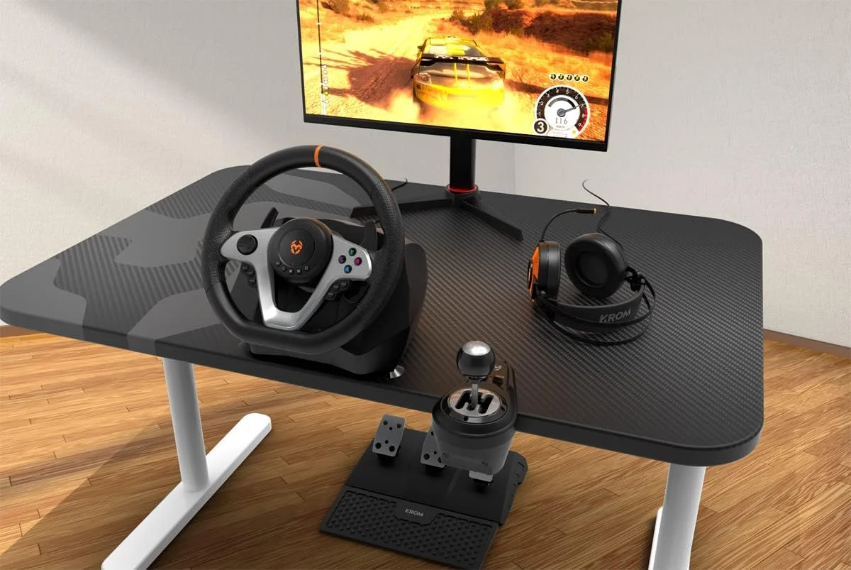 فرمان بازی حرفه ای KROM K-WHEEL PRO به همراه پدال، دنده، دنده های داخلی، 3 حالت حساسیت قابل تنظیم، سازگار با PC، PS3، PS4، Xbox One و Switch - مشکی