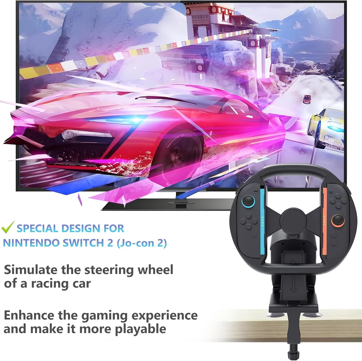 فرمان بازی برای نینتندو سوییچ، چرخ مسابقه بازی نسل دوم، اتصال به میز با 4 مکنده و پایه پیچ و مهره ارتقا یافته – برای جو-کان – ثبات بیشتر برای بازی های مسابقه ای فراگیر