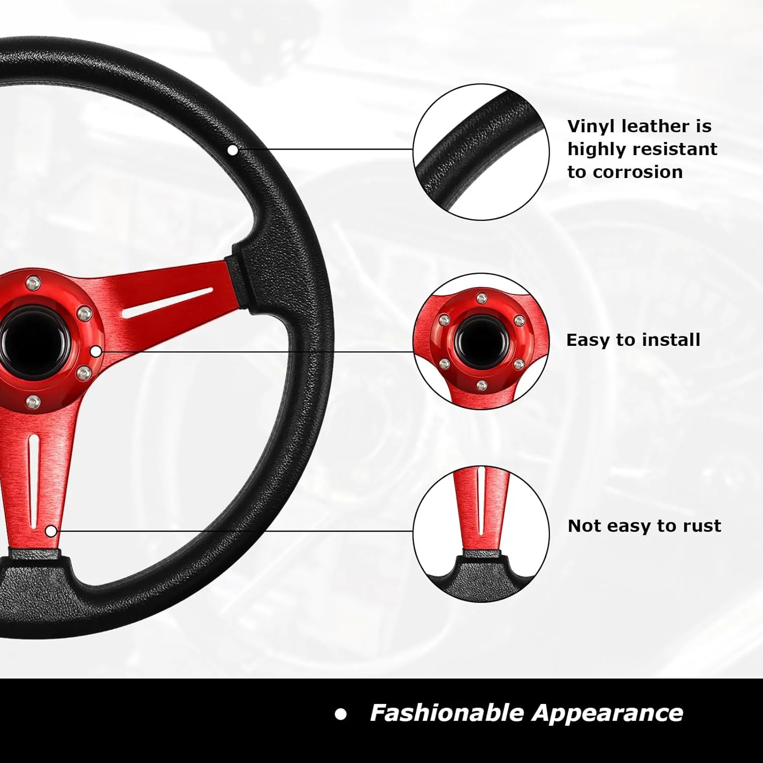 فرمان مسابقه ای یونیورسال Acclcors، فرمان بازی، 34.5 سانتیمتر، 6 پیچ، روکش چرم وینیل با دکمه بوق برای مسابقه/رالی/موتوراسپرت/شبیه سازی خودرو (قرمز)