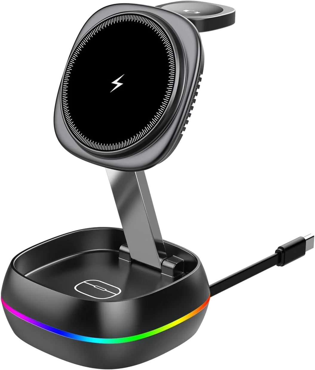 استند شارژ بیسیم 3 در 1 برای دستگاههای متعدد با کابل جمعشونده - شارژر تاشو سازگار با آیفون، اپل واچ، ایرپادز - گوشیهای سامسونگ با حلقه مغناطیسی استند شارژ بیسیم 3 در 1 برای دستگاههای متعدد با کابل جمعشونده - شارژر تاشو سازگار با آیفون، اپل واچ، ایرپادز - گوشیهای سامسونگ با حلقه مغناطیسی