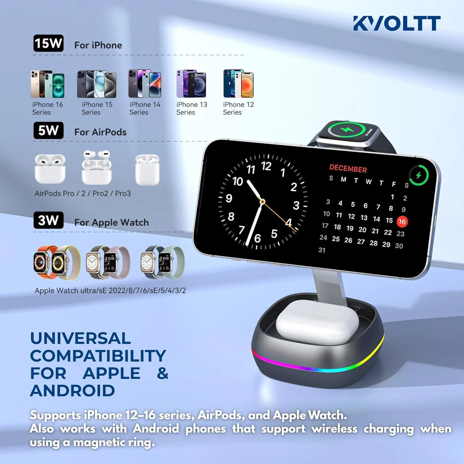 استند شارژ بیسیم 3 در 1 برای دستگاههای متعدد با کابل جمعشونده - شارژر تاشو سازگار با آیفون، اپل واچ، ایرپادز - گوشیهای سامسونگ با حلقه مغناطیسی استند شارژ بیسیم 3 در 1 برای دستگاههای متعدد با کابل جمعشونده - شارژر تاشو سازگار با آیفون، اپل واچ، ایرپادز - گوشیهای سامسونگ با حلقه مغناطیسی