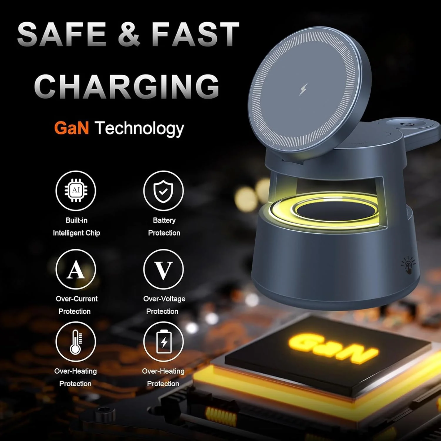 استند شارژ بی‌سیم 4 در 1، شارژ بی‌سیم چند دستگاهی، واحد شارژ سریع 15 واتی با چراغ شب، شارژر بی‌سیم برای تلفن‌های هوشمند، ساعت و هدفون