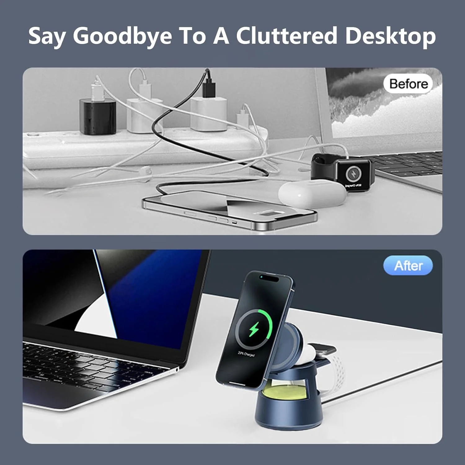 استند شارژ بی‌سیم 4 در 1، شارژ بی‌سیم چند دستگاهی، واحد شارژ سریع 15 واتی با چراغ شب، شارژر بی‌سیم برای تلفن‌های هوشمند، ساعت و هدفون