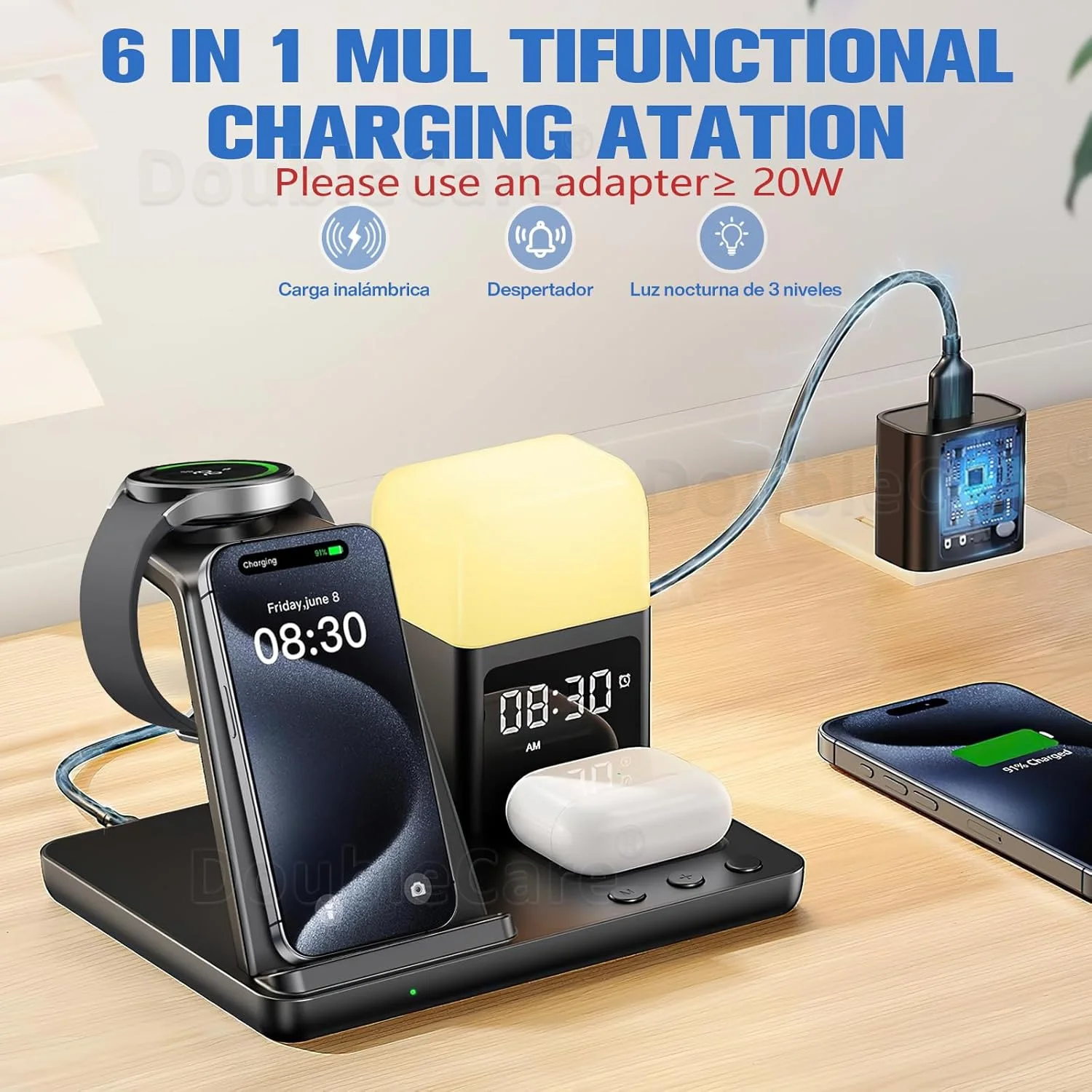 شارژر بیسیم، ایستگاه شارژ بیسیم 6 در 1 با چراغ شب، ساعت زنگدار، شارژر مغناطیسی سریع 15 واتی، سازگار با آیفون، سامسونگ گلکسی، اپل واچ، ایرپادز پرو، گلکسی بادز، آداپتور 20 واتی شارژر بیسیم، ایستگاه شارژ بیسیم 6 در 1 با چراغ شب، ساعت زنگدار، شارژر مغناطیسی سریع 15 واتی، سازگار با آیفون، سامسونگ گلکسی، اپل واچ، ایرپادز پرو، گلکسی بادز، آداپتور 20 واتی