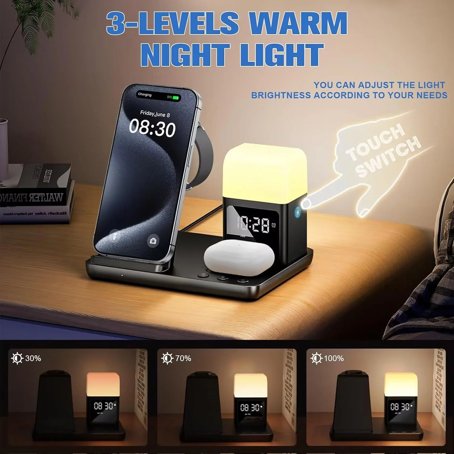 شارژر بیسیم، ایستگاه شارژ بیسیم 6 در 1 با چراغ شب، ساعت زنگدار، شارژر مغناطیسی سریع 15 واتی، سازگار با آیفون، سامسونگ گلکسی، اپل واچ، ایرپادز پرو، گلکسی بادز، آداپتور 20 واتی شارژر بیسیم، ایستگاه شارژ بیسیم 6 در 1 با چراغ شب، ساعت زنگدار، شارژر مغناطیسی سریع 15 واتی، سازگار با آیفون، سامسونگ گلکسی، اپل واچ، ایرپادز پرو، گلکسی بادز، آداپتور 20 واتی