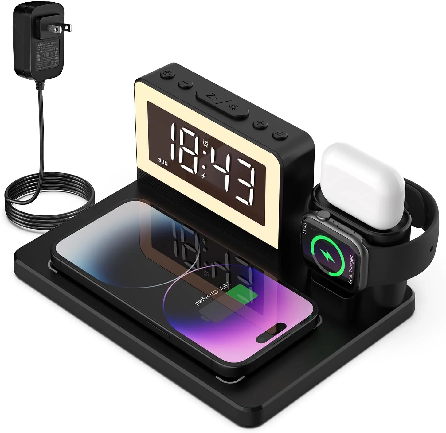 پایه شارژ بی‌سیم 5 در 1 با ساعت زنگ‌دار و چراغ خواب 7 رنگ، شارژر سریع 15 واتی برای سری iPhone15/14/13/12/11/X، گوشی سامسونگ، اپل واچ و ایرپادز