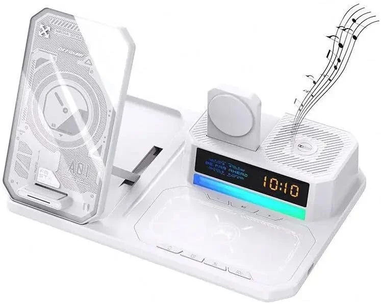 ایستگاه شارژ بی سیم 6 در 1 با ساعت زنگ دار و بلندگو، ایستگاه شارژ سریع 15 واتی، چراغ شب RGB، پایه تلفن همراه بلندگوی بلوتوث با پایه ضد لغزش، پایه شارژر برای مسافرت، دفتر، خانه ایستگاه شارژ بی سیم 6 در 1 با ساعت زنگ دار و بلندگو، ایستگاه شارژ سریع 15 واتی، چراغ شب RGB، پایه تلفن همراه بلندگوی بلوتوث با پایه ضد لغزش، پایه شارژر برای مسافرت، دفتر، خانه