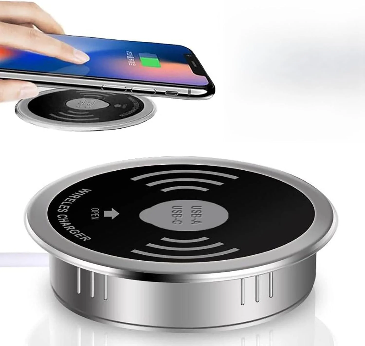 شارژر بی‌سیم توکار رومیزی، پد شارژ سریع 15 واتی، شارژر بی‌سیم Qi مخفی، مناسب سوراخ 60 میلی‌متری میز، برای تمام گوشی‌های دارای قابلیت شارژ بی‌سیم (مشکی)