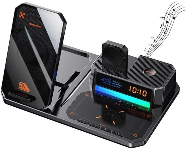 ایستگاه شارژ بی سیم 6 در 1 با ساعت زنگ دار و بلندگو، ایستگاه شارژ سریع 15 واتی، چراغ شب RGB، پایه تلفن همراه بلندگوی بلوتوث با پایه ضد لغزش، پایه شارژر برای مسافرت، دفتر، خانه