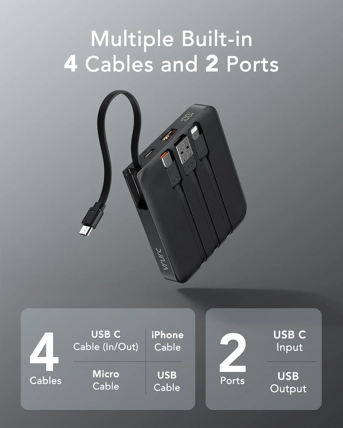 شارژر همراه VRURC با کابل داخلی، 10000 میلی آمپر ساعت، شارژ سریع 22.5 واتی USB C، پاور بانک تلفن همراه با نمایشگر LED سازگار با آیفون 15 14 گلکسی S23 گوگل پیکسل تبلت اندروید