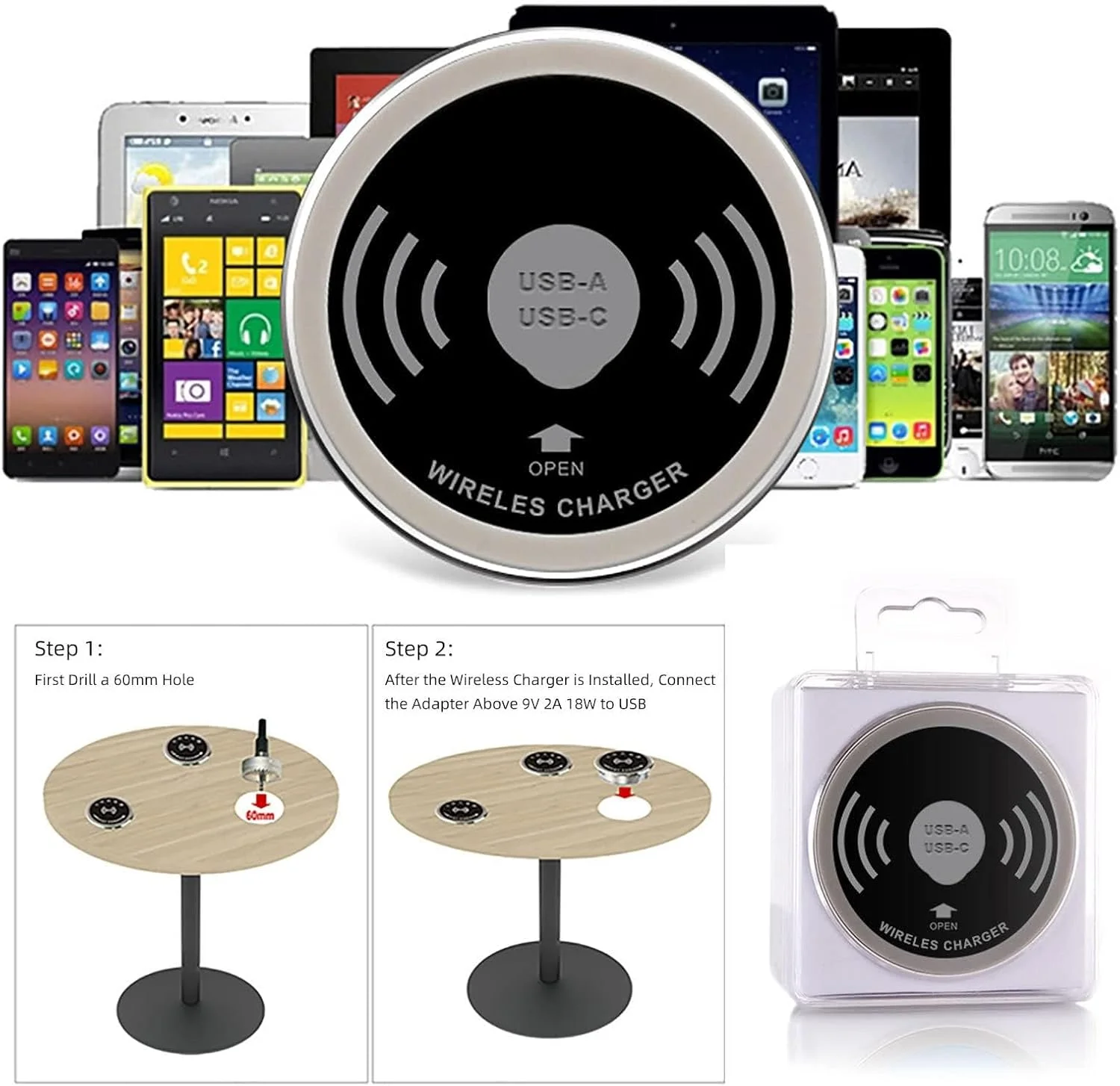 شارژر بی‌سیم توکار رومیزی، پد شارژ سریع 15 واتی، شارژر بی‌سیم Qi مخفی، مناسب سوراخ 60 میلی‌متری میز، برای تمام گوشی‌های دارای قابلیت شارژ بی‌سیم (مشکی)