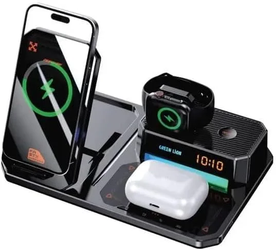 ایستگاه شارژ بی سیم 6 در 1 با ساعت زنگ دار و بلندگو، ایستگاه شارژ سریع 15 واتی، چراغ شب RGB، پایه تلفن همراه بلندگوی بلوتوث با پایه ضد لغزش، پایه شارژر برای مسافرت، دفتر، خانه