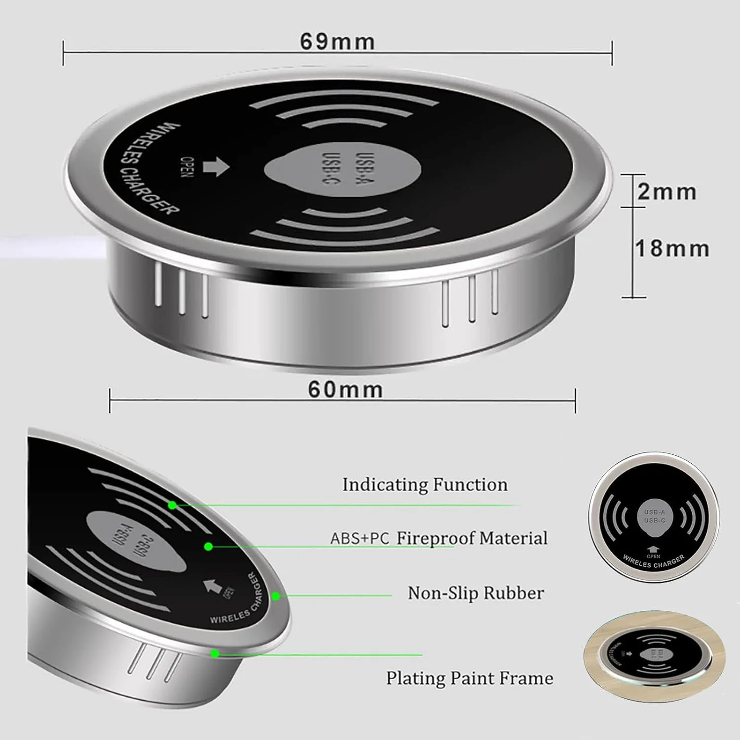 شارژر بی‌سیم توکار رومیزی، پد شارژ سریع 15 واتی، شارژر بی‌سیم Qi مخفی، مناسب سوراخ 60 میلی‌متری میز، برای تمام گوشی‌های دارای قابلیت شارژ بی‌سیم (مشکی)