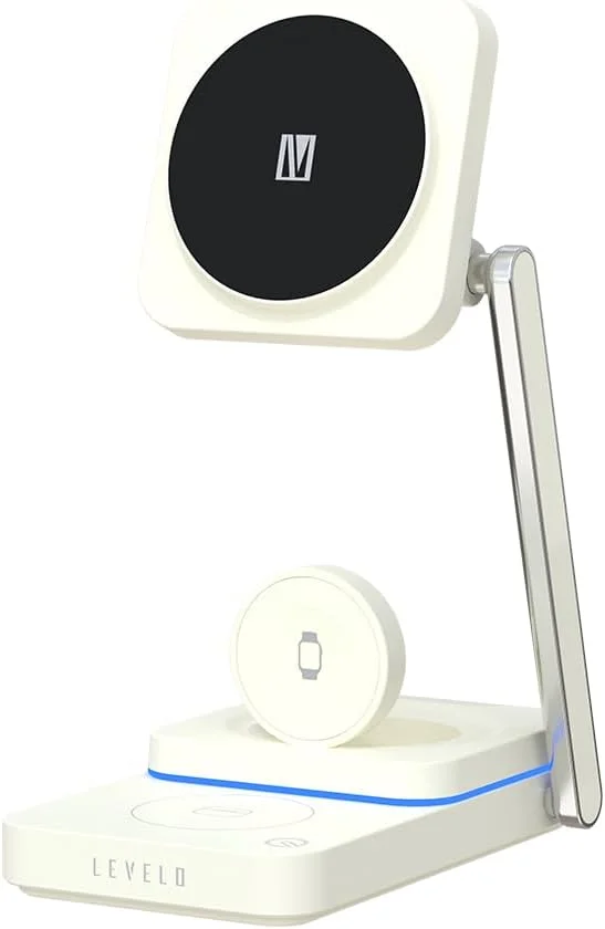 شارژر وایرلس 3 در 1 Levelo Aurora برای ساعت، هدفون و تلفن همراه، طراحی شیک، استند نگهدارنده چند منظوره تلفن - سفید