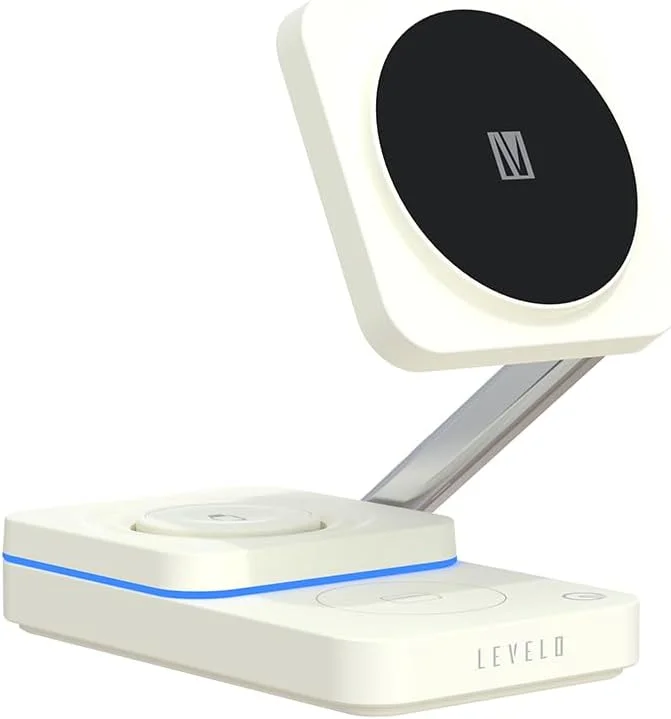 شارژر وایرلس 3 در 1 Levelo Aurora برای ساعت، هدفون و تلفن همراه، طراحی شیک، استند نگهدارنده چند منظوره تلفن - سفید