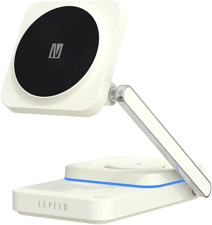 شارژر وایرلس 3 در 1 Levelo Aurora برای ساعت، هدفون و تلفن همراه، طراحی شیک، استند نگهدارنده چند منظوره تلفن - سفید