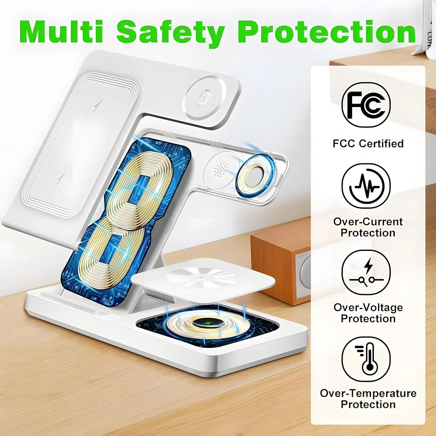 شارژر بی‌سیم، استند شارژ 3 در 1 برای دستگاه‌های متعدد، پایه شارژ بی‌سیم برای سری آیفون 8 تا 16، سری iWatch 2 تا 10/Ultra/SE، AirPods 4/3/2/Pro (سفید)