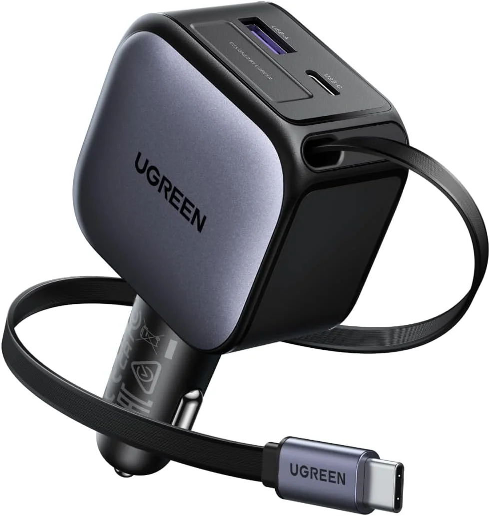 شارژر فندکی جمع‌شونده 60 واتی UGREEN با کابل USB-C داخلی 30 واتی 70 سانتی‌متری، شارژر فندکی Type C با شارژ سریع 2C1A USB، آداپتور فوق سریع برای سری iPhone، MacBook Pro/Air، Samsung S25 Ultra