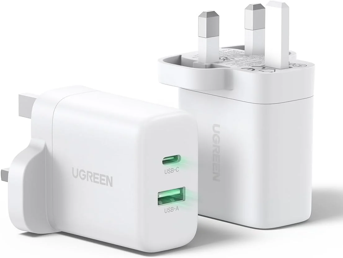 شارژر 20 واتی UGREEN برای آیفون 16، آداپتور دیواری سریع دو پورت (2 عددی)، آداپتور USB A و USB C، دوشاخه برق Type-C سازگار با آیفون 16 پرو مکس/15/14/13/12، آیپد، سامسونگ، شیائومی و غیره