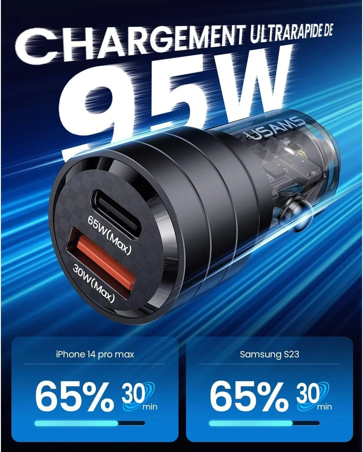 شارژر فندکی 95 واتی USAMS مدل US-CC176 با بدنه آلومینیومی و طراحی شفاف، مناسب برای خودروهای برقی شارژر فندکی 95 واتی USAMS مدل US-CC176 با بدنه آلومینیومی و طراحی شفاف، مناسب برای خودروهای برقی