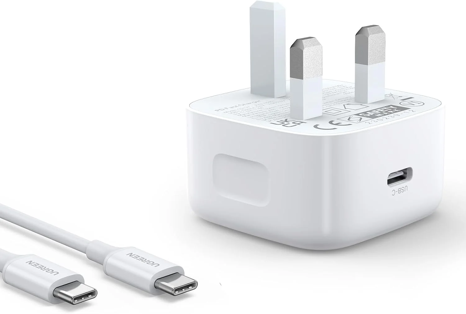 مجموعه کابل و آداپتور شارژ سریع 20 واتی UGREEN PD Type C، دوشاخه دیواری با کابل USB C 60 واتی 1 متری، سازگار با iPhone 16 Pro Max/16 e/15، iPad و غیره