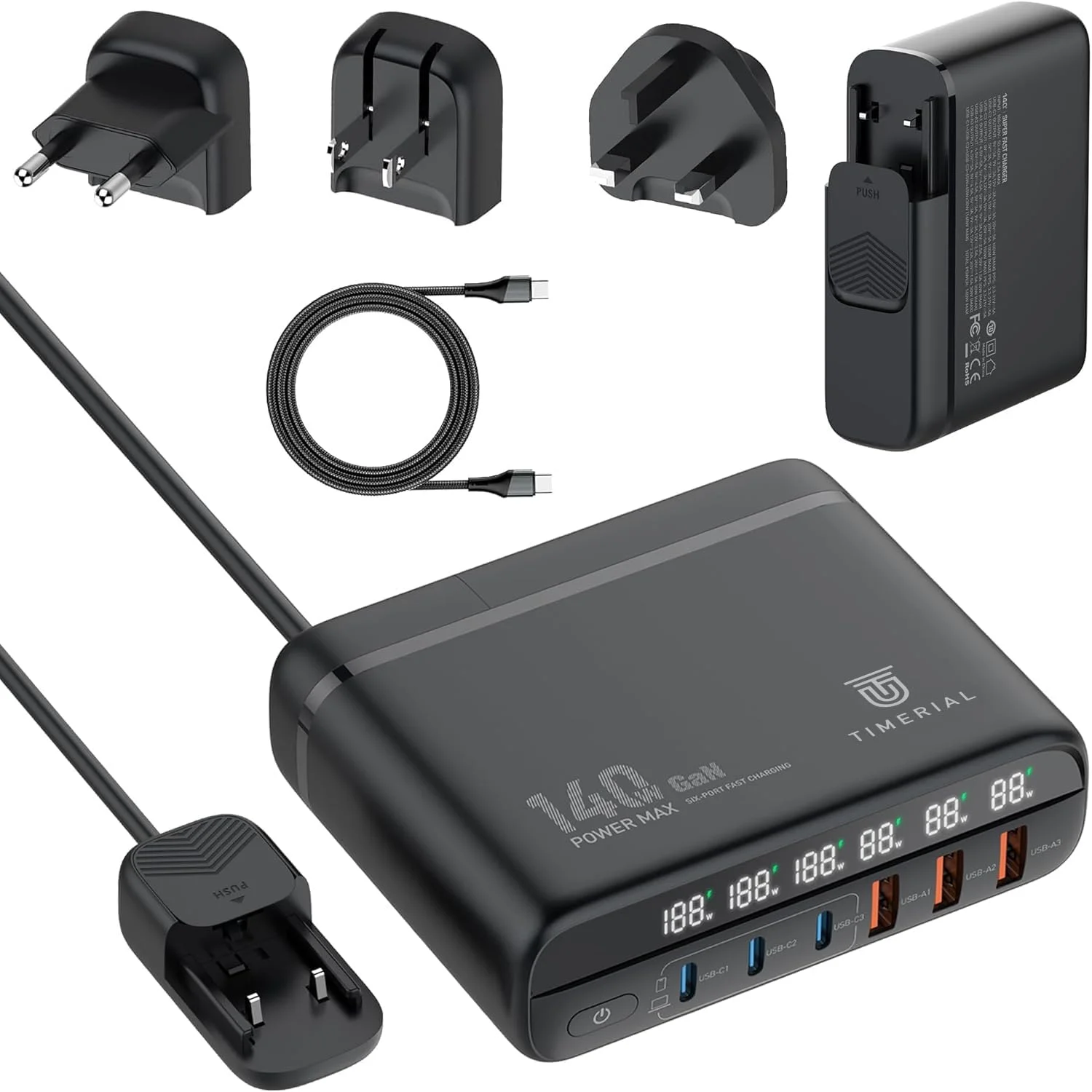 شارژر سریع 140 واتی GaN با 3 پورت تایپ C و 3 پورت USB، دارای دوشاخه های جداشدنی بین المللی US/UK/EU، مناسب برای شارژ لپ تاپ، تبلت و تلفن هوشمند، دارای نمایشگر LED توان خروجی و کابل افزایش طول 1.5 متری شارژر سریع 140 واتی GaN با 3 پورت تایپ C و 3 پورت USB، دارای دوشاخه های جداشدنی بین المللی US/UK/EU، مناسب برای شارژ لپ تاپ، تبلت و تلفن هوشمند، دارای نمایشگر LED توان خروجی و کابل افزایش طول 1.5 متری