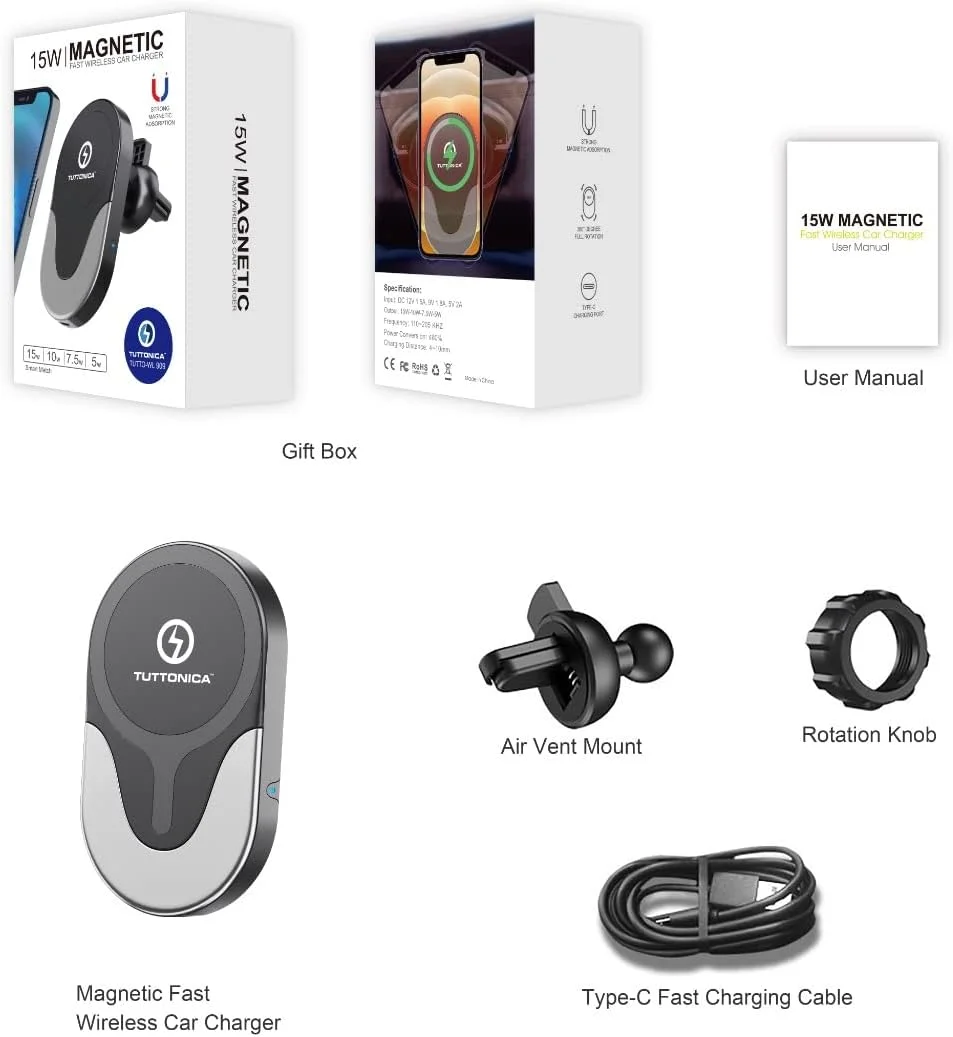 شارژر بیسیم مغناطیسی اتوماتیک 15 واتی خودرو TUTTONICA برای آیفون و اندروید، هولدر گوشی موبایل برای دریچه هوا و داشبورد شارژر بیسیم مغناطیسی اتوماتیک 15 واتی خودرو TUTTONICA برای آیفون و اندروید، هولدر گوشی موبایل برای دریچه هوا و داشبورد