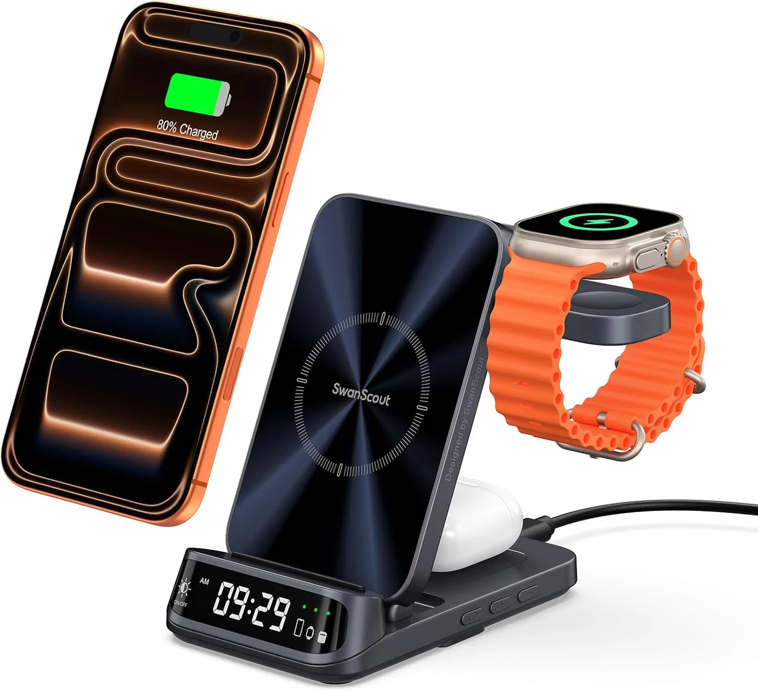 پایه شارژ بیسیم SwanScout برای سری آیفون ایر/۱۷/۱۶/۱۵/۱۴/۱۳/۱۲، استیشن شارژ ۳ در ۱ برای اپل واچ ۱۰/۹/۸/۷/۶، اولترا ۲/اولترا، برای ایرپادز پرو ۳/پرو ۲/۴/۳، SwanScout 708A (بدون آداپتور) پایه شارژ بیسیم SwanScout برای سری آیفون ایر/۱۷/۱۶/۱۵/۱۴/۱۳/۱۲، استیشن شارژ ۳ در ۱ برای اپل واچ ۱۰/۹/۸/۷/۶، اولترا ۲/اولترا، برای ایرپادز پرو ۳/پرو ۲/۴/۳، SwanScout 708A (بدون آداپتور)