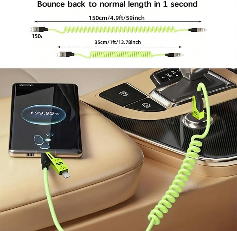 کابل شارژ فنری جمع شونده برای آیفون و موبایل های تایپ سی، لوازم جانبی شارژر بی سیم موبایل، سبز کابل شارژ فنری جمع شونده برای آیفون و موبایل های تایپ سی، لوازم جانبی شارژر بی سیم موبایل، سبز