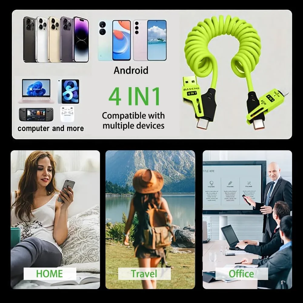 کابل شارژ فنری جمع شونده برای آیفون و موبایل های تایپ سی، لوازم جانبی شارژر بی سیم موبایل، سبز کابل شارژ فنری جمع شونده برای آیفون و موبایل های تایپ سی، لوازم جانبی شارژر بی سیم موبایل، سبز