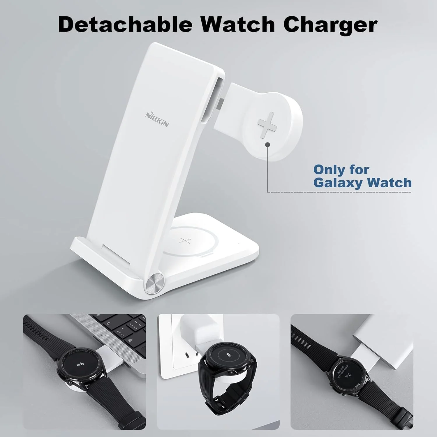 استند شارژر بیسیم 3 در 1 Nillkin PowerTrio با شارژر ساعت (پریز آمریکایی)، سفید استند شارژر بیسیم 3 در 1 Nillkin PowerTrio با شارژر ساعت (پریز آمریکایی)، سفید