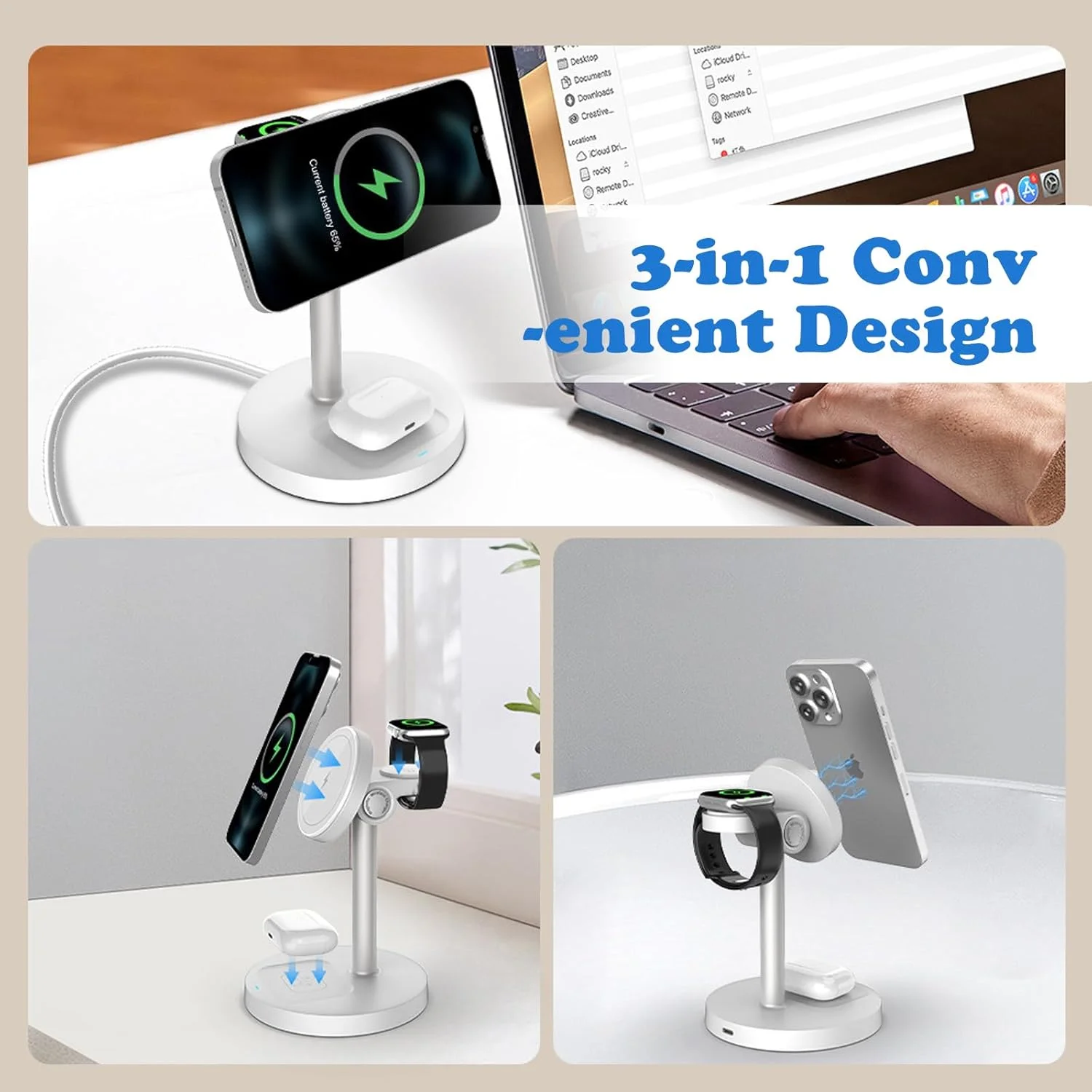 ایستگاه شارژ سریع مغناطیسی 3 در 1 برای آیفون، ایرپادز و شارژر ساعت - شارژ سریع 15 واتی ایستگاه شارژ سریع مغناطیسی 3 در 1 برای آیفون، ایرپادز و شارژر ساعت - شارژ سریع 15 واتی