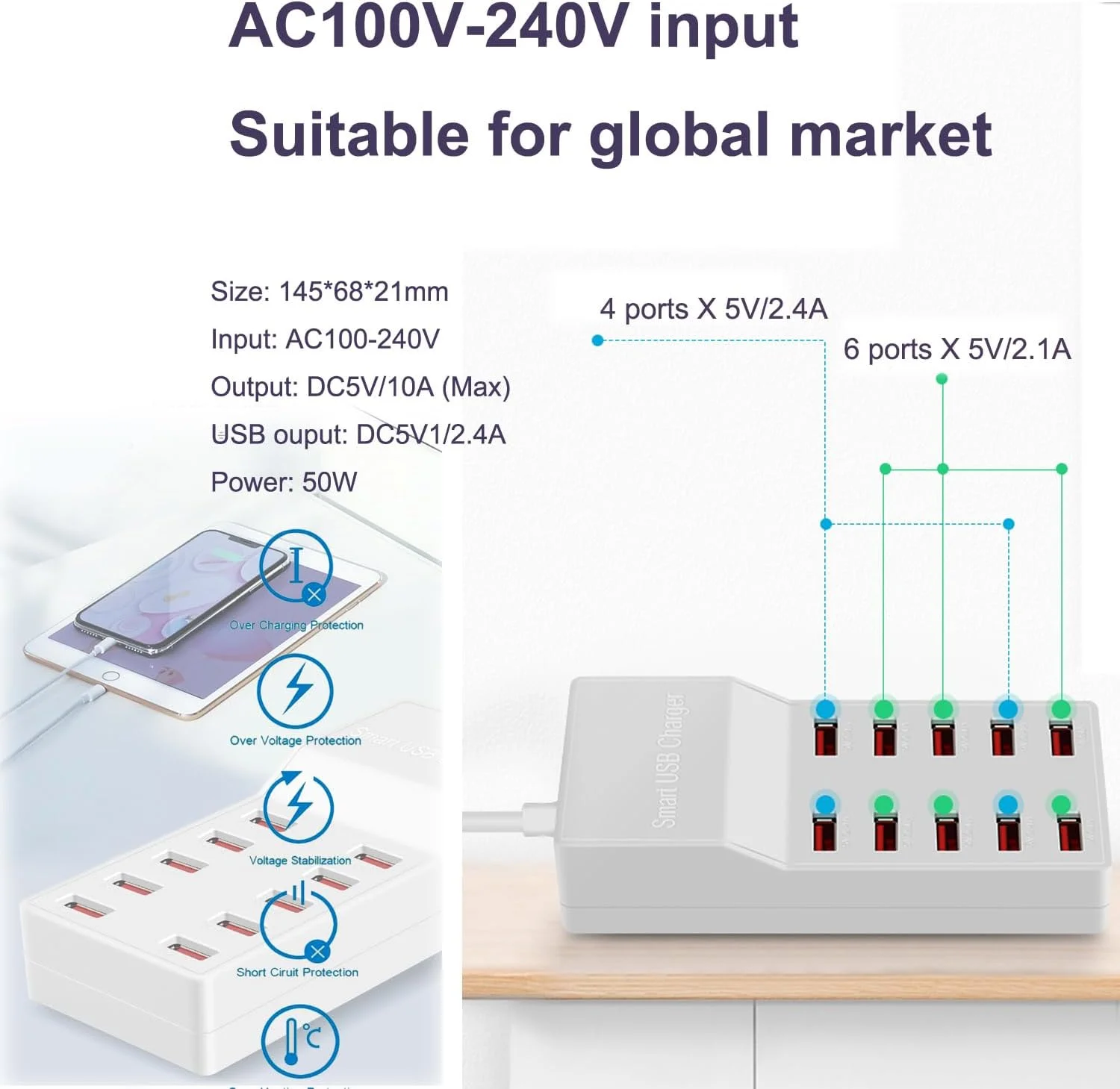 شارژر USB ده پورت 50 واتی Kalakila، ایستگاه شارژ چند پورت، مناسب برای تلفن های هوشمند، تبلت ها و سایر دستگاه های USB (سفید) شارژر USB ده پورت 50 واتی Kalakila، ایستگاه شارژ چند پورت، مناسب برای تلفن های هوشمند، تبلت ها و سایر دستگاه های USB (سفید)