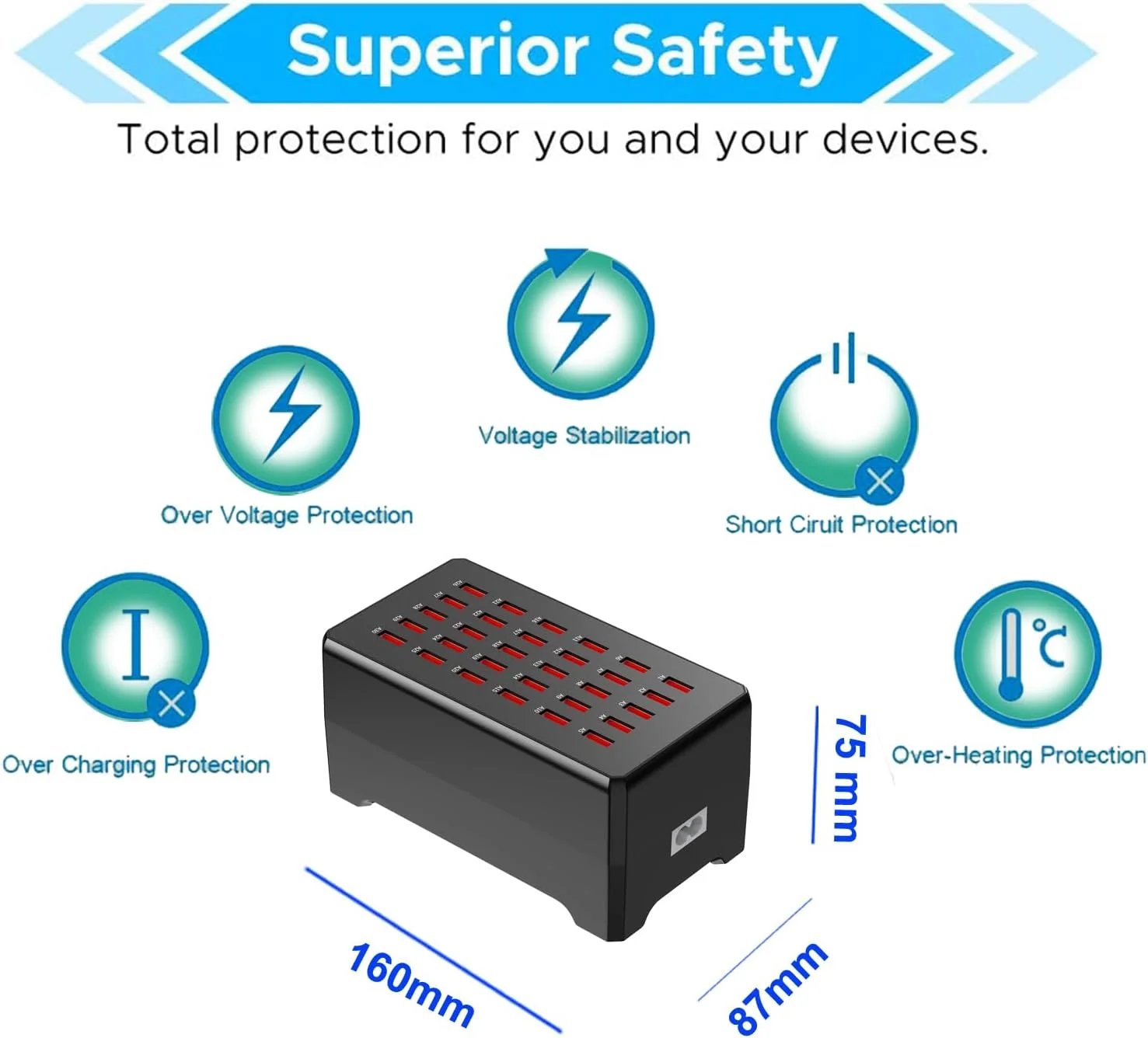 ایستگاه شارژر USB کالاکیلا با 30 پورت و توان 150 وات، مناسب برای تلفنهای هوشمند، تبلتها و سایر دستگاههای USB ایستگاه شارژر USB کالاکیلا با 30 پورت و توان 150 وات، مناسب برای تلفنهای هوشمند، تبلتها و سایر دستگاههای USB