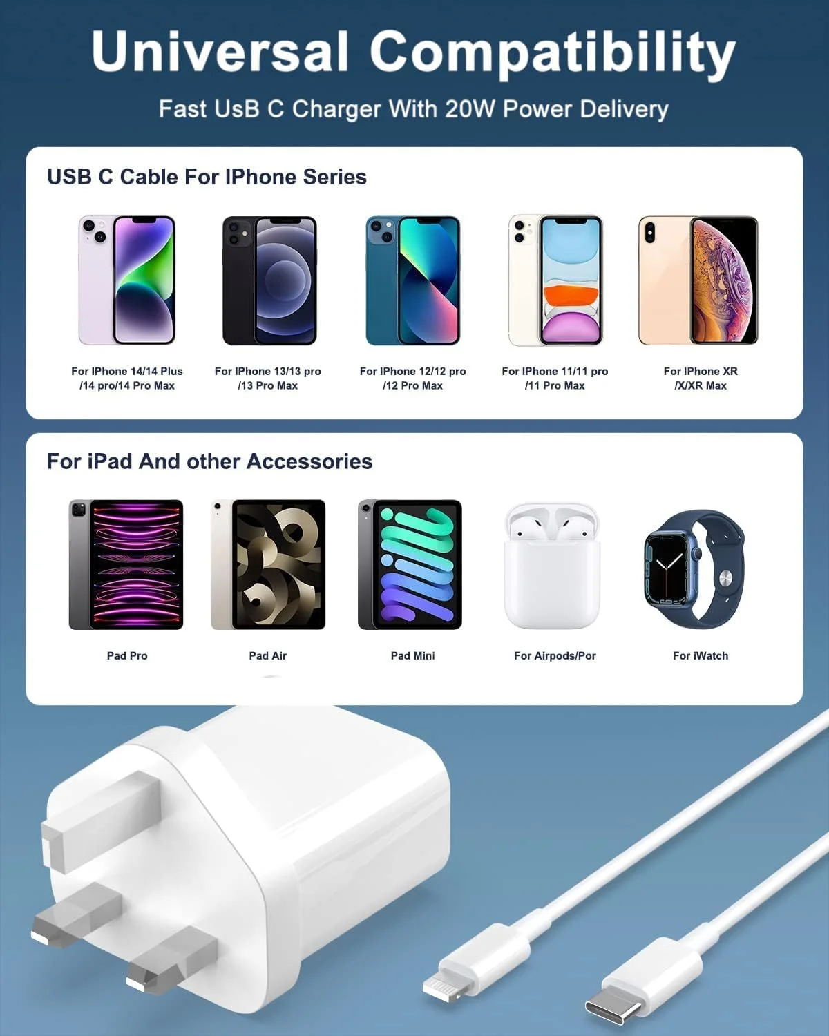 مجموعه کابل شارژر 20 واتی USB C PD آیبرلز برای آیفون پلاس/14 پرو مکس/14/13، دوشاخه دیواری شارژ سریع تایپ C با کابل لایتنینگ آیفون سازگار مجموعه کابل شارژر 20 واتی USB C PD آیبرلز برای آیفون پلاس/14 پرو مکس/14/13، دوشاخه دیواری شارژ سریع تایپ C با کابل لایتنینگ آیفون سازگار