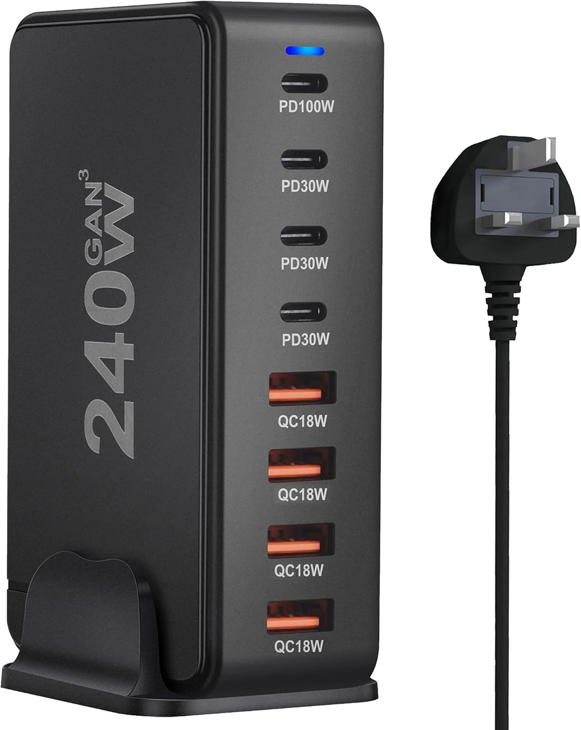 ایستگاه شارژ ۲۴۰ واتی USB C - دارای ۴ پورت Type-C (۱۰۰ وات، ۳x ۳۰ وات) و ۴ پورت USB (QC۱۸W) - فناوری GaN - سازگار با مک بوک، آیفون، گلکسی، آیپد، آنر و غیره - کابل برق ۱.۵ متری