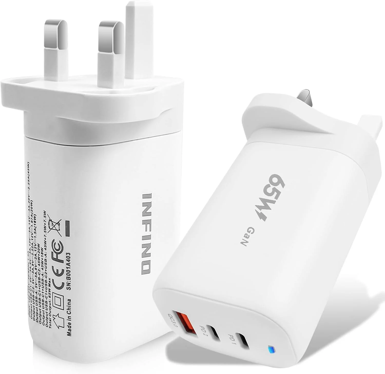 شارژر دیواری 65 واتی GaN با سه پورت USB C - دو پورت USB-C PD (45W+20W) و یک پورت USB-A 20W با قابلیت شارژ سریع - سازگار با آیفون، گلکسی، پیکسل، سامسونگ، هواوی، آیپد، ایرپاد، تبلت‌ها و غیره