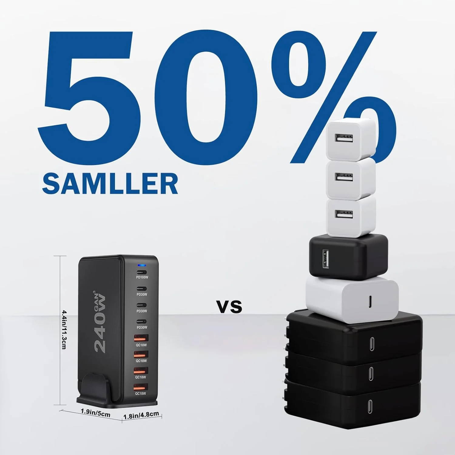 ایستگاه شارژ ۲۴۰ واتی USB C - دارای ۴ پورت Type-C (۱۰۰ وات، ۳x ۳۰ وات) و ۴ پورت USB (QC۱۸W) - فناوری GaN - سازگار با مک بوک، آیفون، گلکسی، آیپد، آنر و غیره - کابل برق ۱.۵ متری