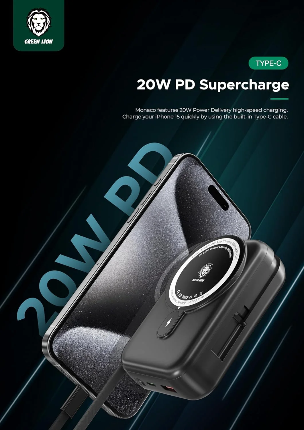 پاور بانک 20000 میلی آمپر ساعت گرین لاین موناکو، سازگار با شارژر بی سیم 15 واتی MagSafe، شارژ سریع قابل حمل، تلفن همراه PD 20W USB-C QC 22.5W USB-A شارژ سیمی، بسته باتری شارژر (مشکی)