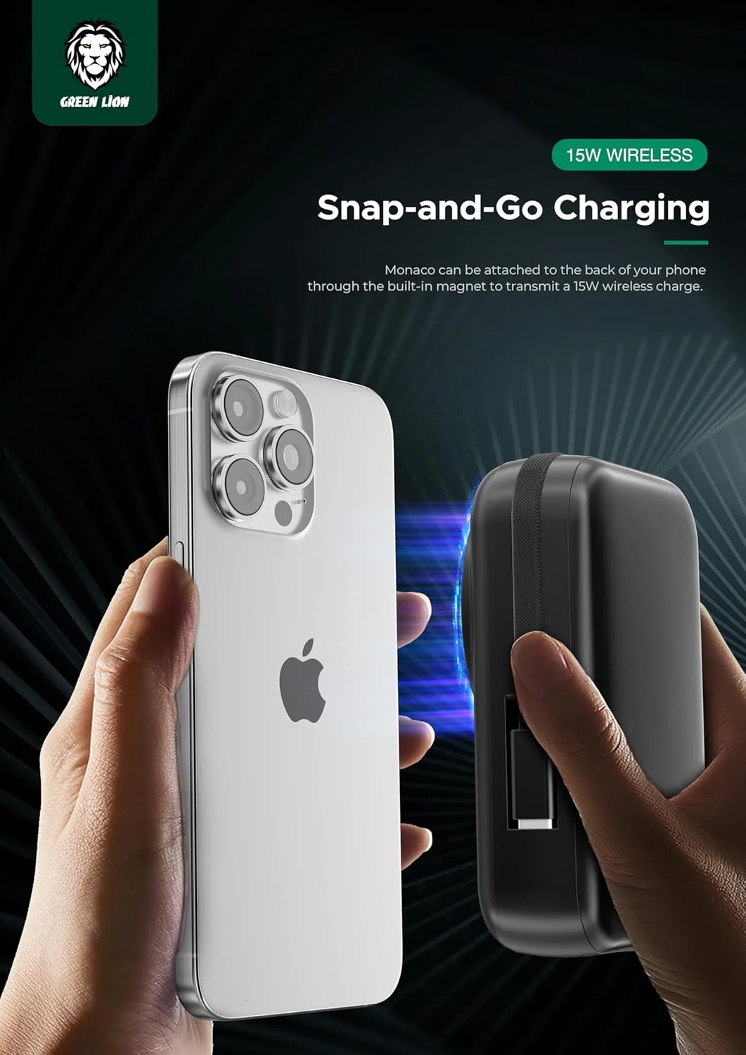 پاور بانک 20000 میلی آمپر ساعت گرین لاین موناکو، سازگار با شارژر بی سیم 15 واتی MagSafe، شارژ سریع قابل حمل، تلفن همراه PD 20W USB-C QC 22.5W USB-A شارژ سیمی، بسته باتری شارژر (مشکی)