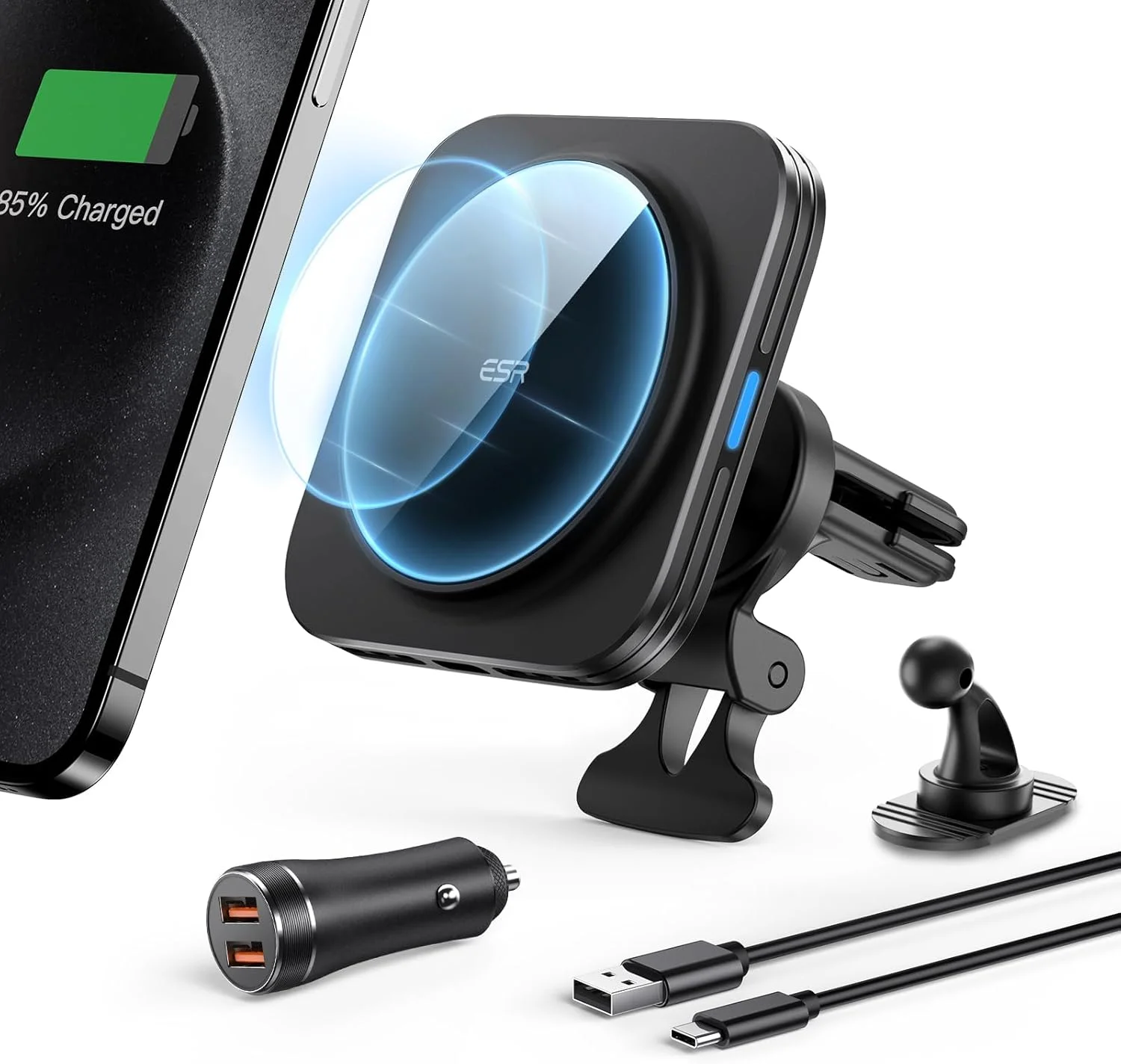پایه نگهدارنده و شارژر بیسیم مغناطیسی خودرو ESR سازگار با MagSafe، شارژ سریع 15 واتی، دریچه هوا، مناسب برای آیفون 17/16/15/14/13 و گلکسی S25/S25 Ultra، به همراه آداپتور 36 واتی QC 3.0 پایه نگهدارنده و شارژر بیسیم مغناطیسی خودرو ESR سازگار با MagSafe، شارژ سریع 15 واتی، دریچه هوا، مناسب برای آیفون 17/16/15/14/13 و گلکسی S25/S25 Ultra، به همراه آداپتور 36 واتی QC 3.0