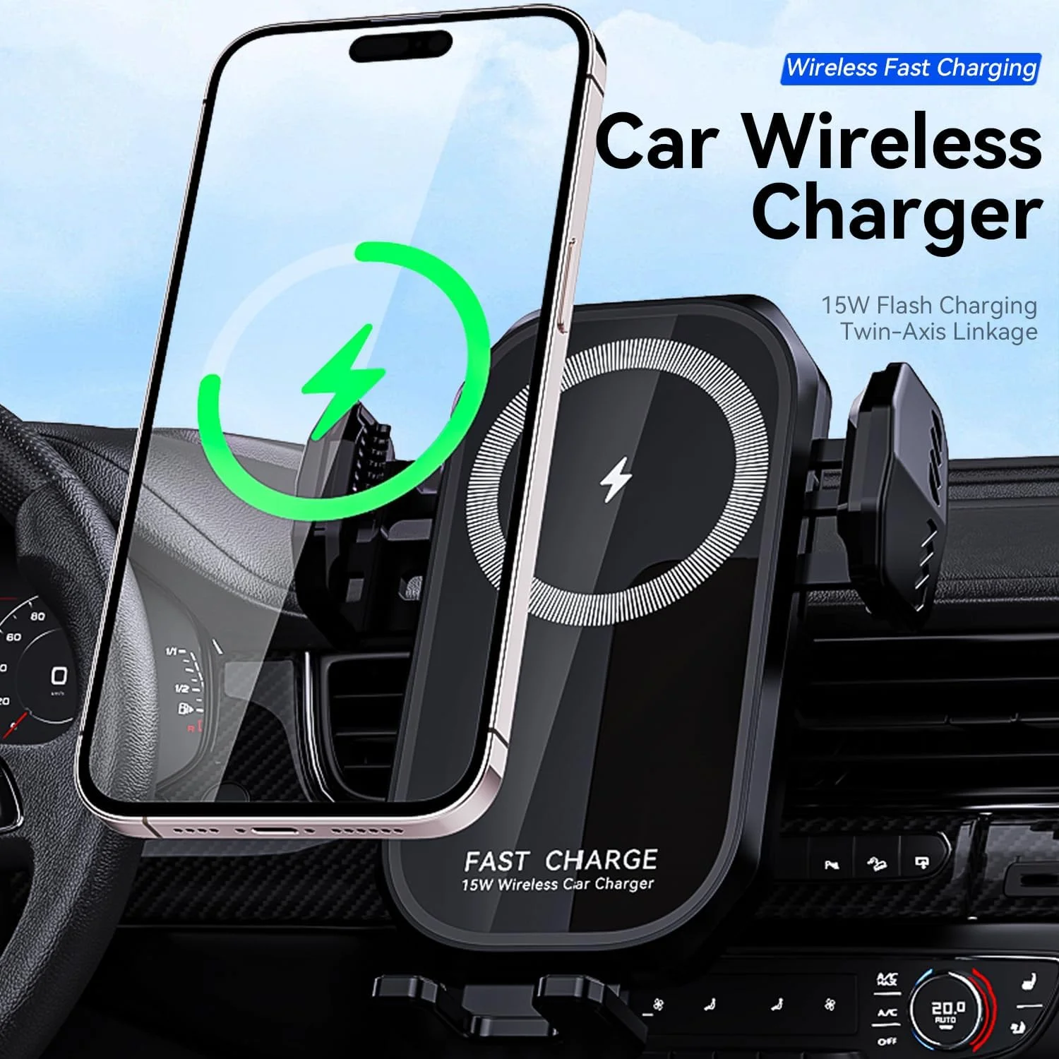 پایه شارژر بی‌سیم خودرو GEEKERA، نگهدارنده تلفن همراه با شارژ سریع 15 واتی با اتصال دو محوره و گیره موتوری، تراز دقیق موقعیت سیم پیچ، قلاب دم ضد افتادن و چرخش 360 درجه