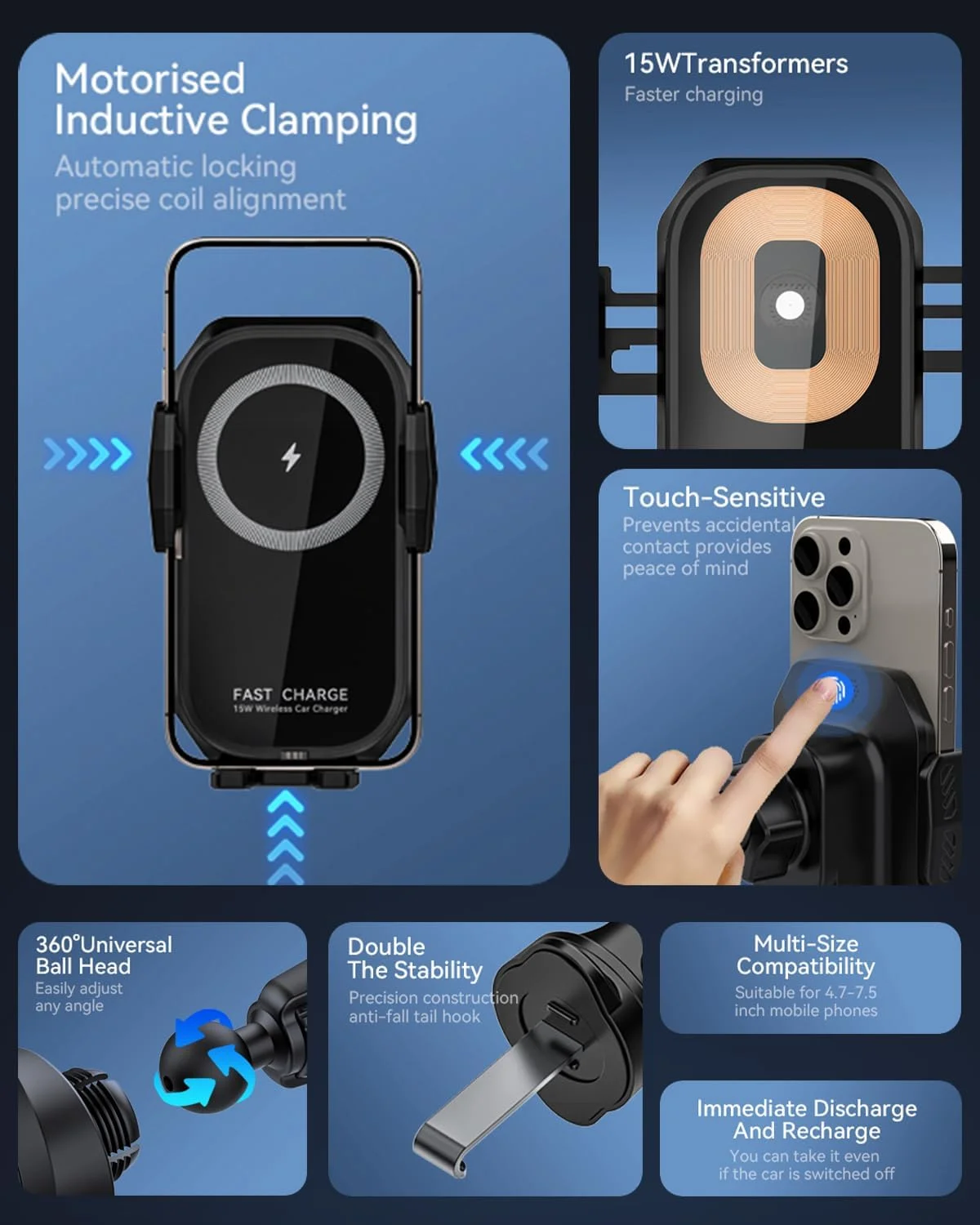 پایه شارژر بی‌سیم خودرو GEEKERA، نگهدارنده تلفن همراه با شارژ سریع 15 واتی با اتصال دو محوره و گیره موتوری، تراز دقیق موقعیت سیم پیچ، قلاب دم ضد افتادن و چرخش 360 درجه