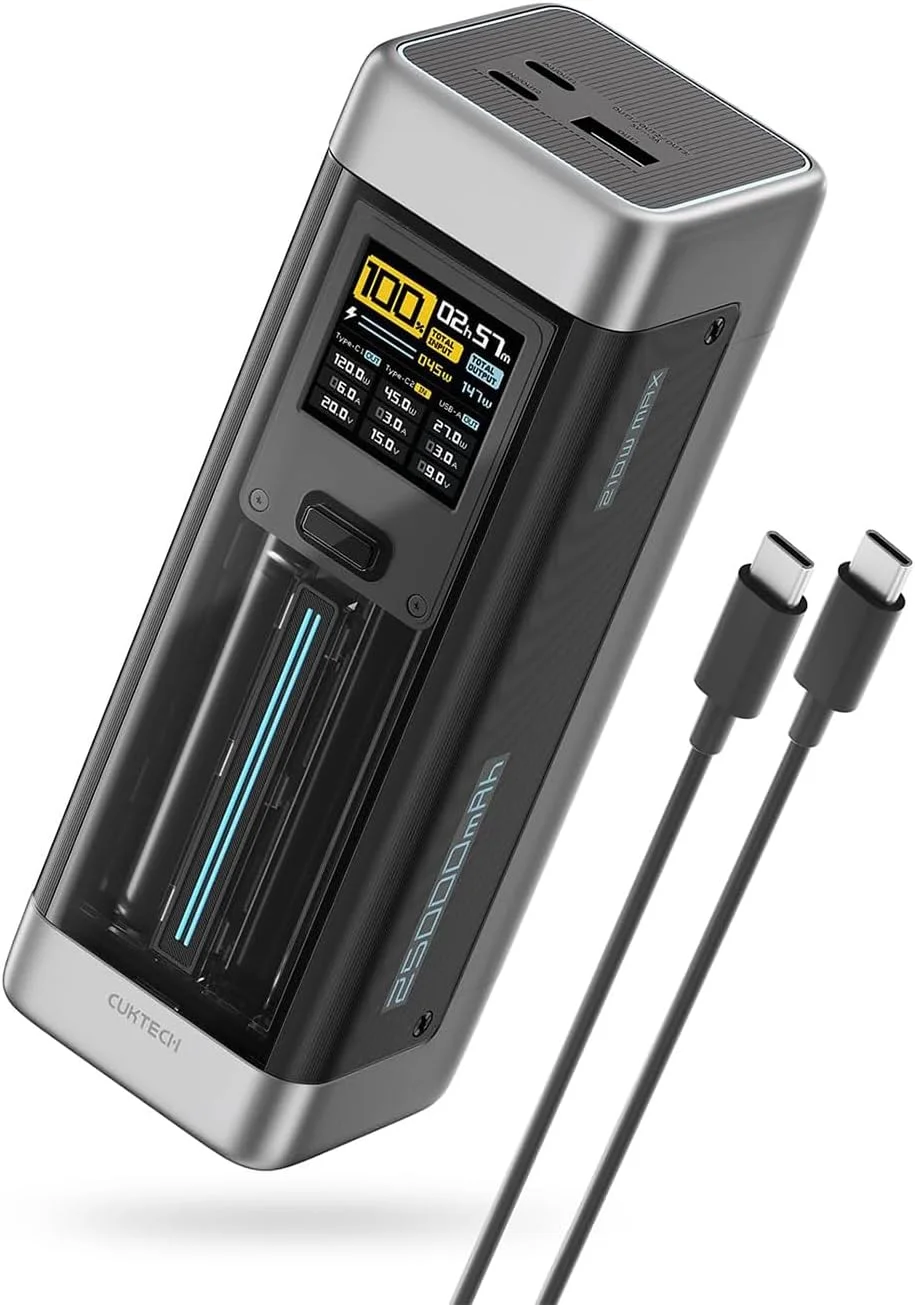 پاور بانک CUKTECH 20، ظرفیت 25000 میلی آمپر ساعت، شارژر قابل حمل لپ تاپ 3 پورت MAX 210W، بسته باتری شارژ سریع برای مسافرت و گیمینگ، مناسب برای شیائومی، ردمی، پوکو، مک بوک، آیفون، آیپد، سامسونگ، آنر، سوییچ و غیره